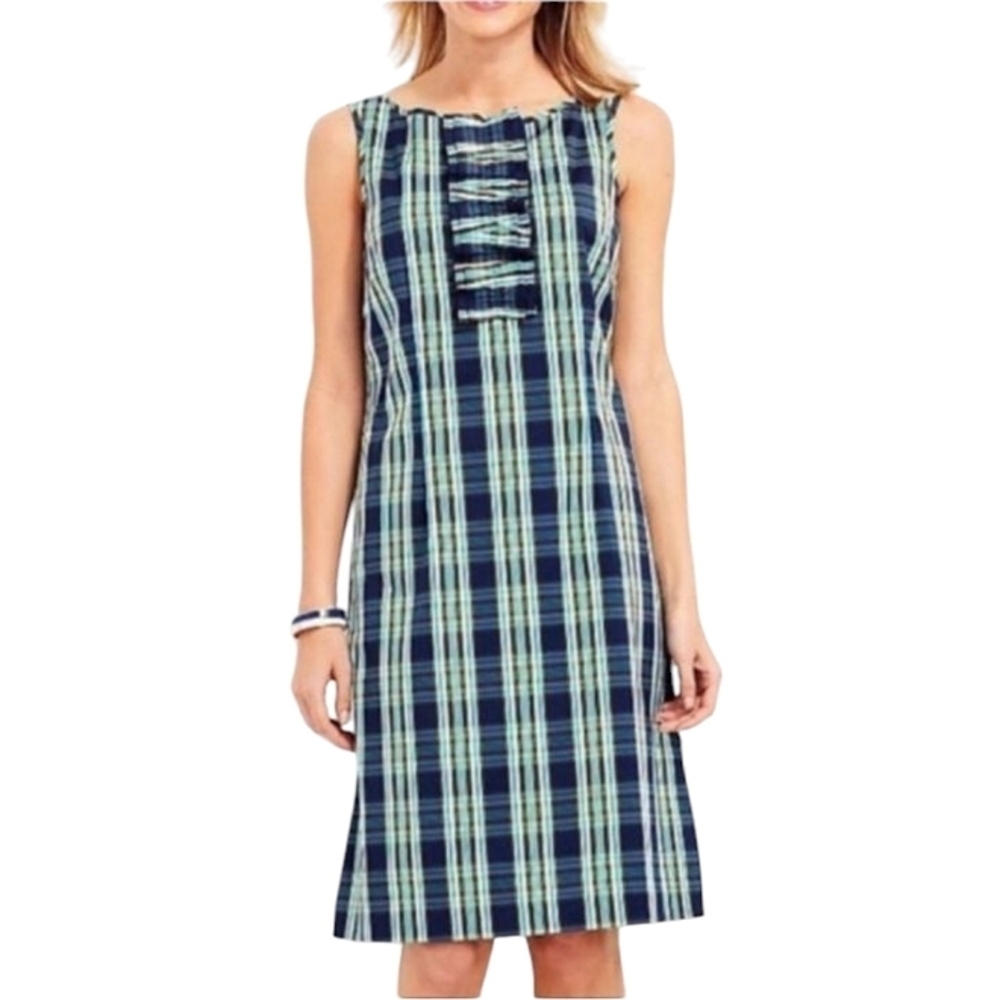 Talbots Plaid Cotton Blend Ruffle Front Sheath Dress Size 12 Navy Blue Teal